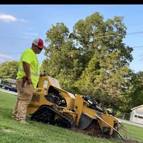Crew member operating a stump grinder on a green lawn